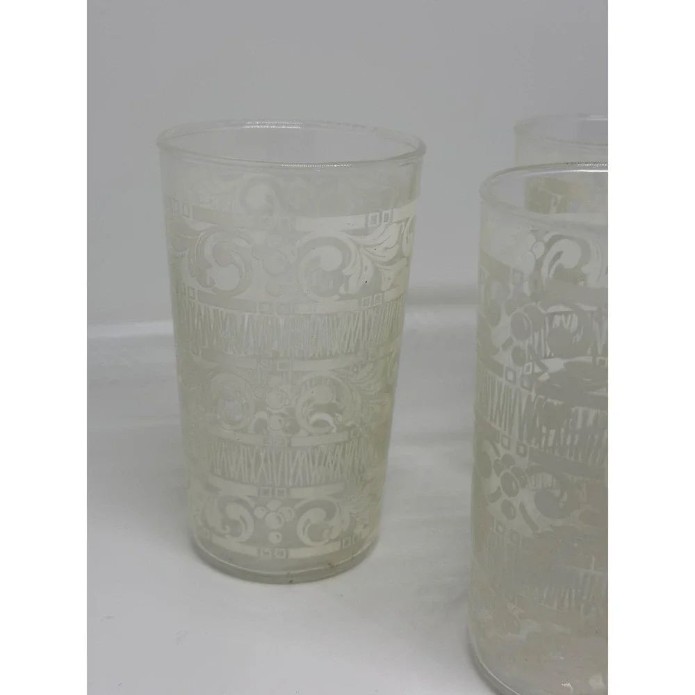 VTG Anchor Hocking White Mist Glass Tumblers | Set of 3, Floral & Scroll Pattern